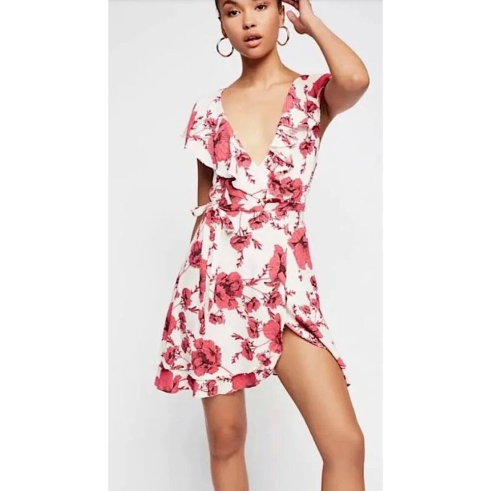 Free People French Quarter Wrap Mini Dress Pink and White Floral size Large